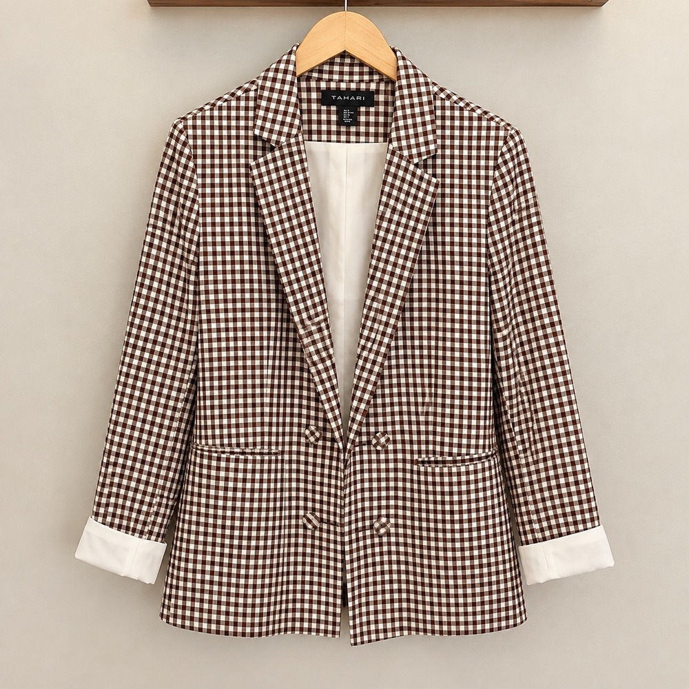 Tahari Womens Brown Gingham Linen Blend Blazer XL NWT Academia Preppy Clueless